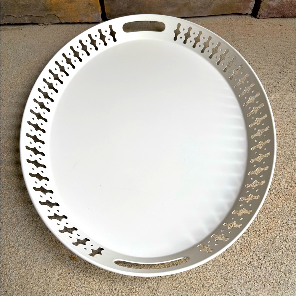 Decorative Cream Metal Serving Tray w/ Cutout Edge Handles | Farmhouse Cottage - Picture 2 of 5